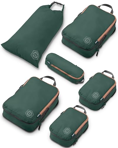 Compression Packing Cubes 6 Piece Set for Travel - Lightweight, Durable Clothes Organizer for Carry-On Luggage and Backpacks by TRIPPED Travel Gear (Green and Brown)