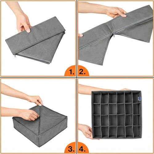 Image of Skrill 24-Compartment - Set of 3 | Non-Woven Foldable Cloth Storage Box Set Underwear, Socks, Ties, Scarves, Bras, Lingerie Drawer Organization | Space Saving Divider Organizer Closet Storage | Grey