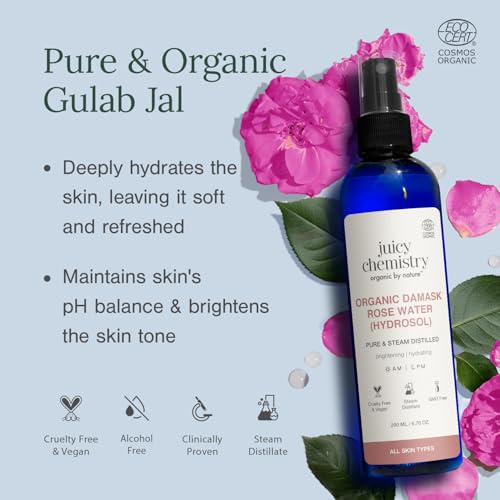 Image of Juicy Chemistry Organic Rose Water (Hydrosol), 200 ml | Face Toner for Glowing, Brighter and Hydrated Skin | Made with Bulgarian Damask Roses - Clinically Tested