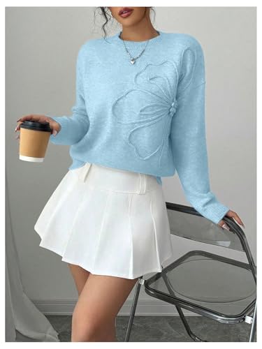 Image of RoseSeek Women's 3D Floral Appliques Crewneck Sweaters Long Sleeve Drop Shoulder Pullovers Elegant Knit Tops