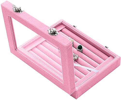 Caja De Almacenamiento De Joyas De 7 Ranuras - Terciopelo Rosa Con Tapa De Cristal, 20x15x5 Cm, Organizador Para Anillos Y Aretes