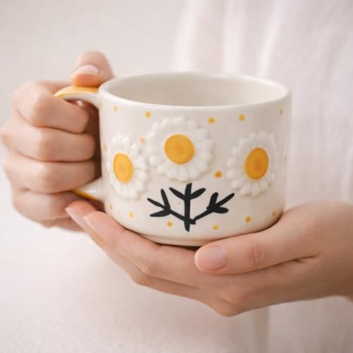 Image of Handcrafted Ceramic Floral Coffee Mug | Daisy Flower Design Tea & Coffee Cup for Home, Office & Gifting | Microwave Safe Mug (Set of 1)