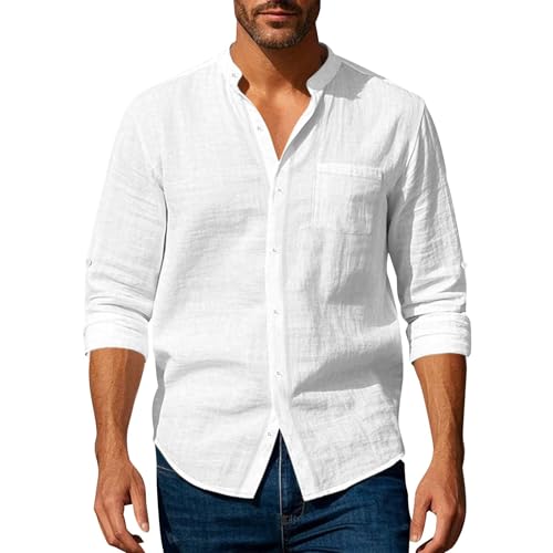Mens Cotton Linen Shirt Long Sleeve Collarless Casual Button Down Shirt Lightweight Breathable Beach Tops(White,Small)
