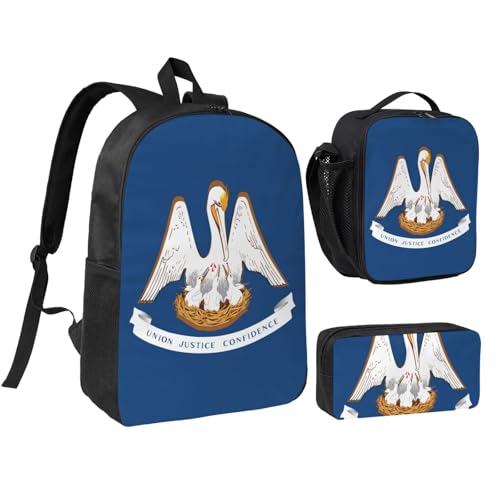 Louisiana State Flag print Shoulder Bookbags Lunch Bag and Pen Case 17 inches Backpack with Lunch Box, Cute Bookbag Set