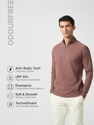 Image of TECHNOSPORT Men's Solid Slim Fit Mock Neck Sports T-Shirt with ELASTO Plus | 4-Way Stretch Full Sleeve Activewear T-Shirt with UPF 50+, ODOURFREE & TECHNOGUARD