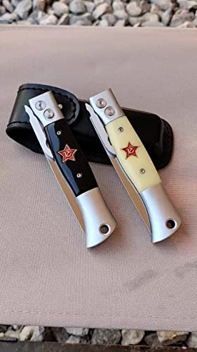 Russian Finka-NKVD KGB Folding Pocket Knife,3.74" Mirror Polished X12M Steel Blade,Aviation Aluminum Inlaid Resin Handle,Cowhide Sheath (Black handle)