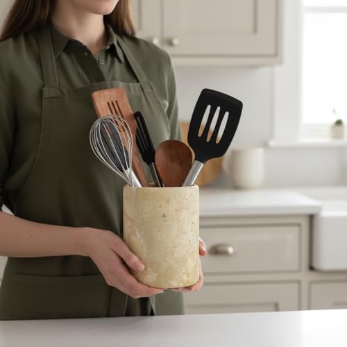 Marble Utensil Holder 6.5 Inch Travertine Utensil Caddy, Wooden Cooking Utensils Set & Spatula Organizer for Kitchen Counter Decor, Stone Crock for Spoon Holder & Farmhouse Decor - Image 5