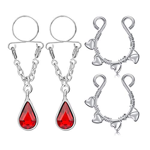 Briana Williams 2 Paires Faux Anneau de Mamelon en Acier Inoxydable Boucle Non Percé Piercing Bijoux Argent avec Pendentif