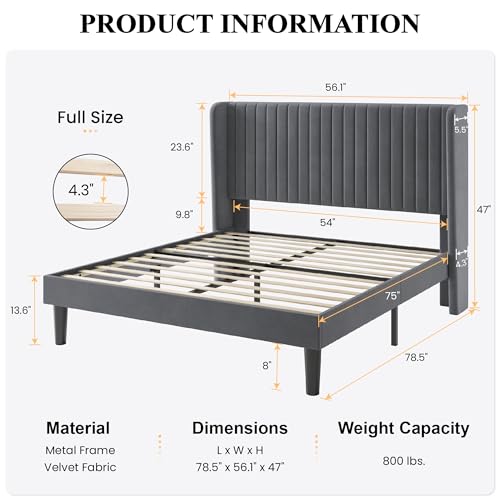 Image of SHA CERLIN Full Size Velvet Bed Frame, Tufted Wingback Headboard, Grey
