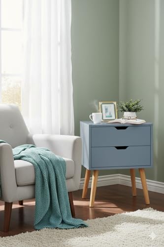 Image of Modern White Bedside Table with 2 Drawers & Wooden Legs | Compact Nightstand for Bedroom | Scandinavian Style Side Table with Storage for Home Living Room (Grey, 2 Drawer)
