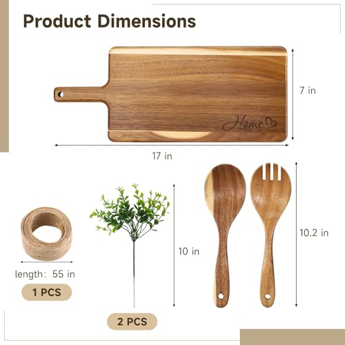Juego de tabla de cortar de madera, tabla de picar y servir de madera maciza con cuchara y tenedor para ensalada, bandeja decorativa para cocina ideal como regalo para mudanza, boda o nuevo hogar miniatura 3