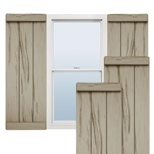 Ekena Millwork 11"W x 54"H Rustic Two Board Joined Board-n-Batten Riverwood Faux Wood Shutters w/End Batten (Per Pair), Primed Tan