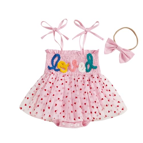 Image of Baby Girl Valentine's Day Outfits Letter Embroidery Smocked Sleeveless Newborn Romper Dress with Bow Headband 2 Pcs Set (C Pink, 0-3 Months)