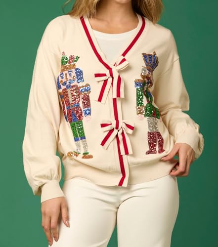 Image of Women Sequin Nutcracker Cardigan Funny Bow Tie Ugly Christmas Sweater Cute Open Front Knitted Long Sleeve Party Top Beige