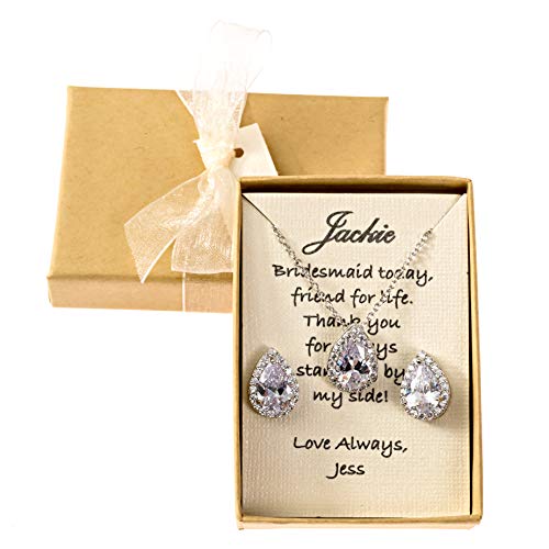 Bridesmaid Gift, Bridesmaids jewelry, Bridesmaids proposal, Personalized message, Bridesmaids Proposals, Cubic Zirconia Jewelry, Gift boxes, Rose Gold Bridesmaid Jewelry (Silver, Short)