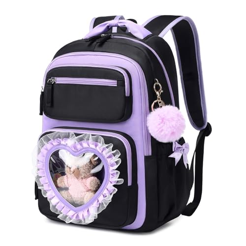 Sisipoet Cartable Fille Primaire, Sac à Dos Enfant avec Fenêtre en Forme de Cœur, Sac Scolaire Léger, Spacieux et Ergonomique pour Filles de 6 à 12 Ans