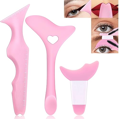 NewBang Eyeliner Stencils 3Pcs Silicone Makeup Tool Winged Tip Eye Liner Shadow Stencil Reusable Aid Applicator Guide Multifunctional for Eyes Eyeshadow Mascara Shield Eyelash Lips Quick Pads-Pink