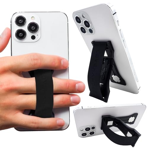 LOVEHANDLE PRO Premium Phone Grip - Silicone Phone Strap - Magnetic Phone Mount and Kickstand for Smartphone and Tablet - Black Silicone on Black Base