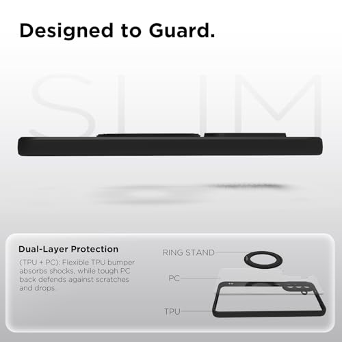 Image of RIGGEAR Shockproof Sleek Hybrid Armor 360 Rotating Magnetic Ring Stand Back Cover Case Compatible with MagSafe Accessories for Samsung Galaxy A57 5G (Clear PC + Black TPU Bumper)
