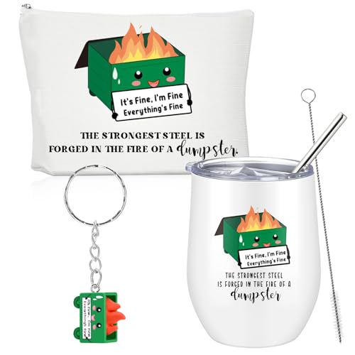 Sieral 3 Pcs Dupster Fire Gift Set 12oz Stainless Tumbler Cup Makeup Bag