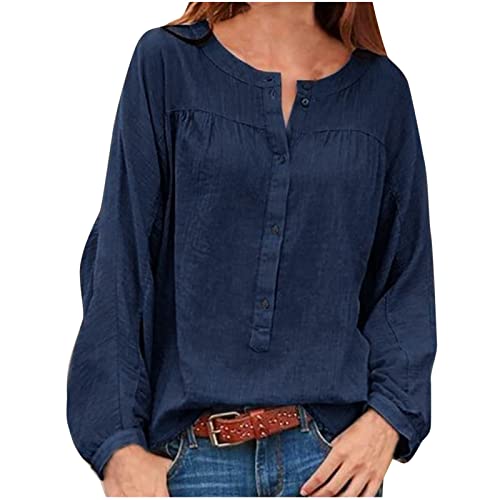 Women’s Casual Henley Tunic Tops Loose Batwing Long Sleeve Quarter Button Up Vintage Peasant Tee Shirts Tshirts Blouse Blue,XX-Large
