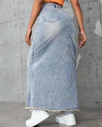 Women's High Waisted Maxi A line Denim Skirt Frayed Raw Hem Casual Long Jean Skirt with Pockets3
