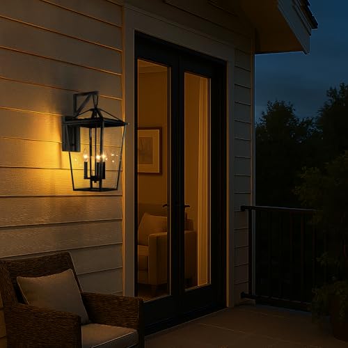 DANCYHOME H22 inch 3-Light Large Outdoor Wall Sconce Farmhouse Waterproof Matte Black Exterior Lantern with Clear Glass and Open Bottom for Porch Garage Entryway by DANCYHOME - Used condition - Image 5