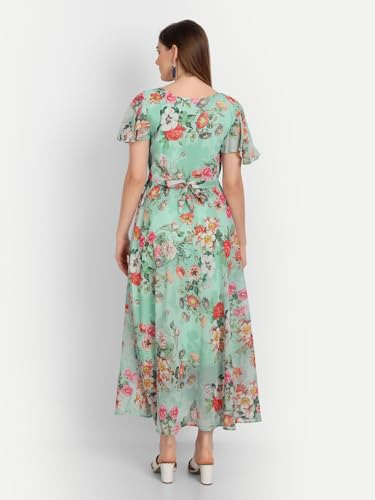 Image of Women's Floral Printed Georgette Standard Regular Fit and Flare Casual Knee Length Western Dress