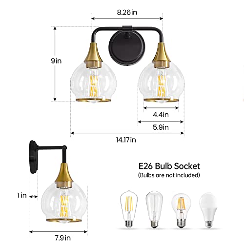Image of Black and Gold Bathroom Light Fixtures 2-Lights Vanity Lights with Clear Glass Shade Bathroom Vanity Light 14 Inch Wall Sconces(Exclude E26 Bulb)