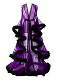 Changuan Sexy Feather Robe Long Fur Tulle Maternity Photoshoot Long Sleeve Bridal Robe Lingerie Nightgown Dressing Gown Purple+Black L/XL