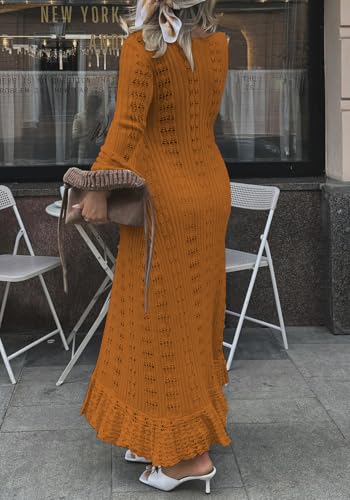 Image of Unybwonn Long Cardigans for Women Crochet Hollow Out Knit Sweater Cover up Maxi Dress Long Sleeve Button Down Cardigan