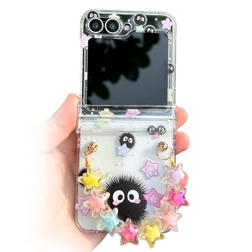 NXBNK for Galaxy Z Flip 6 Case, Soot Sprite Floral Hard Clear Phone Case for Samsung Galaxy Z Flip 6 2024 Plus a Free Phone Chain, Cartoon Flip Case for Girls Women - Soot Sprite