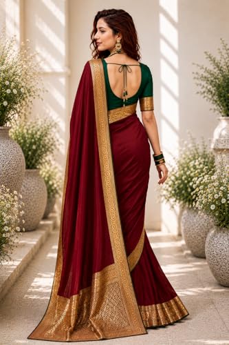Image of Women's Glory Satin Silk Saree Plain Soft Shiny Elegant Party Traditional Ethnic