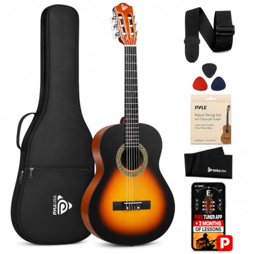 Image of Pyle Beginner Acoustic Guitar Kit, 1 /4 Junior Size All Wood Instrument for Kids, Adults, 30 inch Sunburst Teardrop Matte