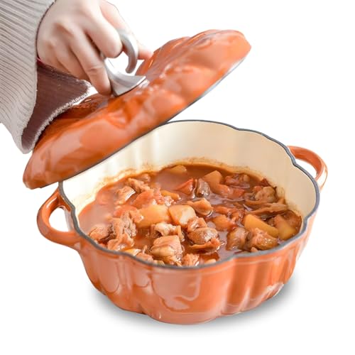 RIQHTIK Olla Holandesa de Hierro Fundido con Forma de Calabaza de 4 Cuartos con Tapa para Hornear Pan, esmaltada en Naranja y con Asas