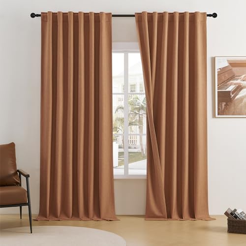 DUALIFE Terracotta Extra Long Curtains for Patio Sliding Glass Door - Fall Decor Curtains for Living Room Bedroom 52x108 Inch,Back Tab and Rod Pocket,2 Panels Burnt Rust Orange