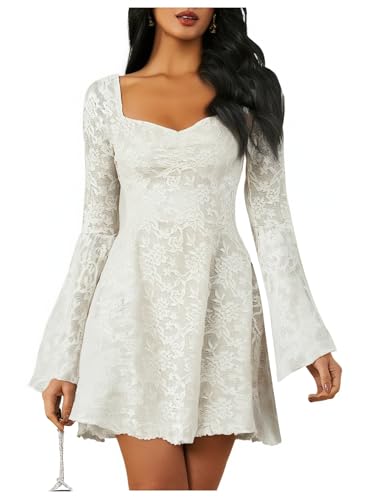 WDIRARA Women's Floral Jacquard Mesh Gothic Dress Bell Long Sleeve A Line Vintage Dresses Beige...