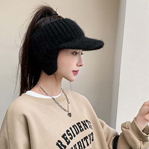 Image of Open Beanie with Earflaps Visor Brim Bun Ponytail Winter Golf Tennis Hats Women
