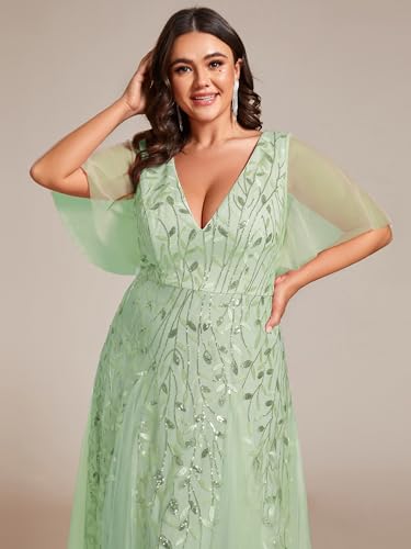 Image of Ever-Pretty Women's Sequin V Neck Plus Size Formal Dresses Evening Gown | Short Sleeve, A-Line, Empire Waist, Plus Size Mother of the Bride Dresses, Plus Size Gala Dress