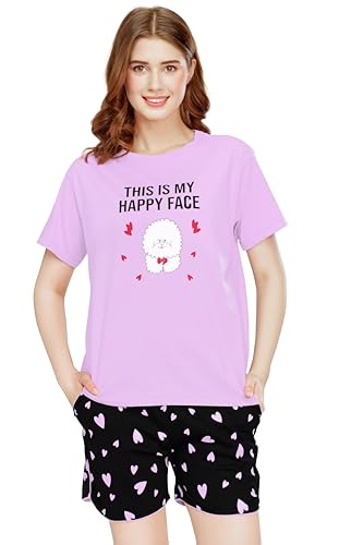 Image of ZEYO Night Suit for Women's Typography Printed Cotton Night Dress of Top and Shorts