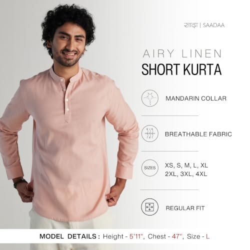 Image of SAADAA Men's Short Kurta - Linen Cotton Blend, Airy Fabric, Regular Fit, Mandarin Collar, Solid Color - Casual, Festive & Ethnic Wear