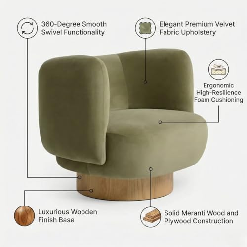 Image of Kingsman Furnitures Nova Swivel Accent Arm Chair for Home | Bedroom, Living, Dining & Drawing Room | Ultra Soft and Comfortable (Fern Green Velvet)