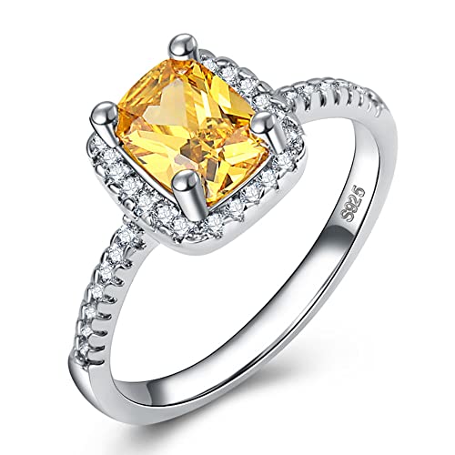 925 Sterling Silver Canary Yellow Halo Square AAA Cubic Zirconia Ring Solitaire Brilliant Princess Cut Citrine Ring Cushion Cut Statement Engagement Ring for Women