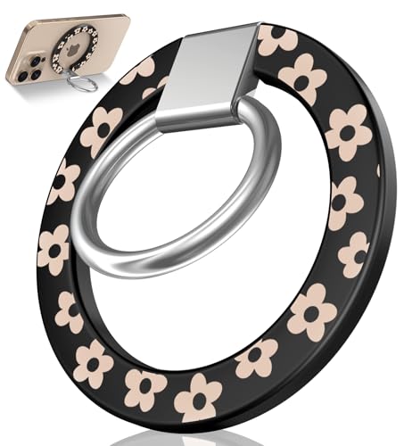 Image of Toycamp Phone Grip Ring Holder Compatible with MagSafe - Magnetic Phone Grip Stand Women Cute Painting Removable Rotatable Magnet Accessories for iPhone 17 Pro Max /16 /15 /14 /13 /12 Series, Black Flower