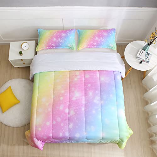 Sirdo Girls Unicorn Bedding Set 3 Piece Rainbow Comforter Set For Teen Girls Adults With Sparkle Stars Soft Bedding Sets Machine Washable, Multi, Queen #TOP6