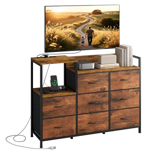 Image of NEWBULIG Media Console Dresser TV Stand for 45 inch with 8 Fabric Drawers & Open Shelves, Wooden Top Entertainment Center with LED Lights & Charging Station for Bedroom, Rustic Brown