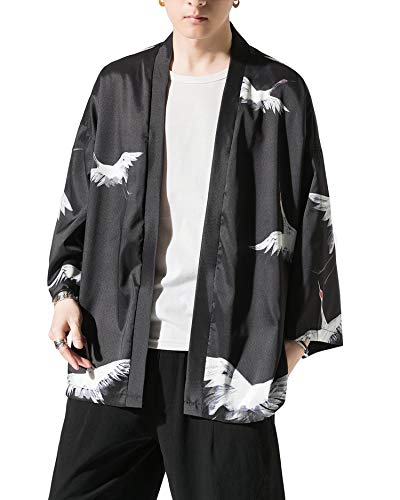 Image of PRIJOUHE Men's Japanese Kimono Cardigan Jackets Casual Long Sleeve Open Front Coat Lightweight Yukata Outwear