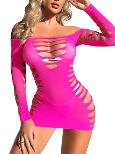 Kaei&Shi Sexy Club Outfits for Women,Mesh Cutout Mini Dress,Off Shoulder Birthday Bodycon Dresses Neon Pink