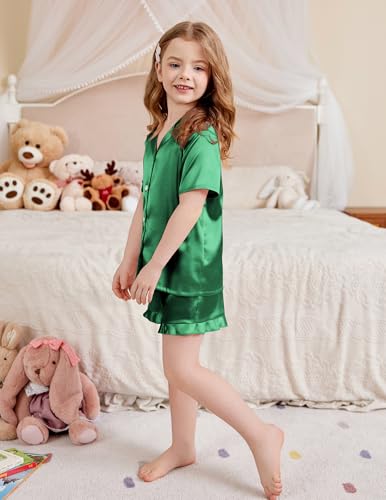 Image of Arshiner Girls Pajamas Silk Satin Pajama Set Button Pjs Ruffle Sleepwear | 2 Piece Nightwear, Silky Soft Lounge for Little & Big Kids, Ideal for Sleeping and Sleepover Party
