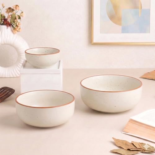 Image of The Earth Store White Matte Brown Ceramic Serving Bowl Set of 3 - 800ML, 500ML, 150ML Microwave Safe Bowl, Elegant Serving Bowl | Ceramic Bowl Set of 3 for Home | Restaurants | Gifting